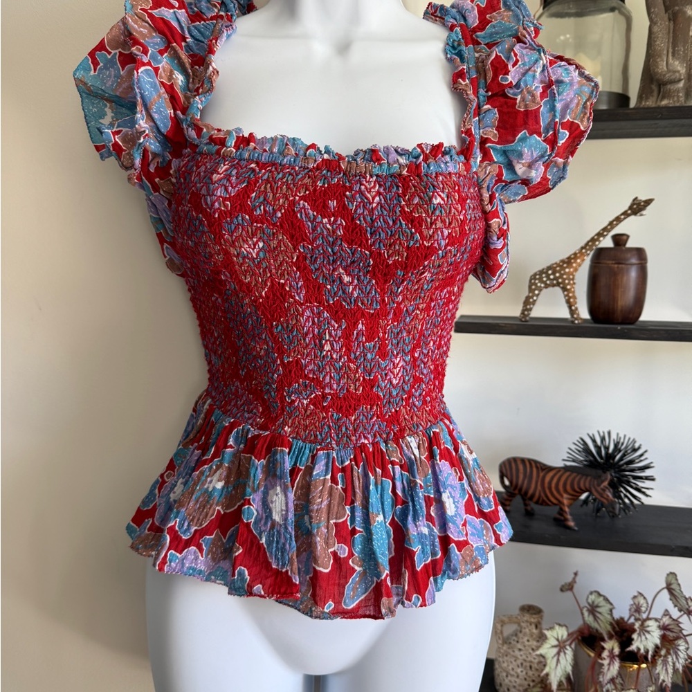 Vibrant Red and Blue Blouse with Elegant Design